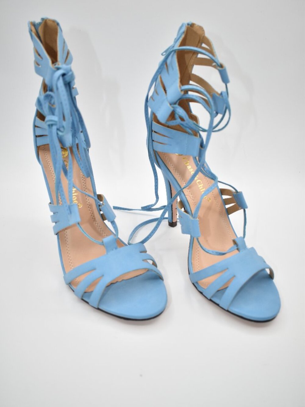 NIB Size 8 Chase & Chloe Edward Light Blue Lace Up Caged Stiletto Heels Zipper
